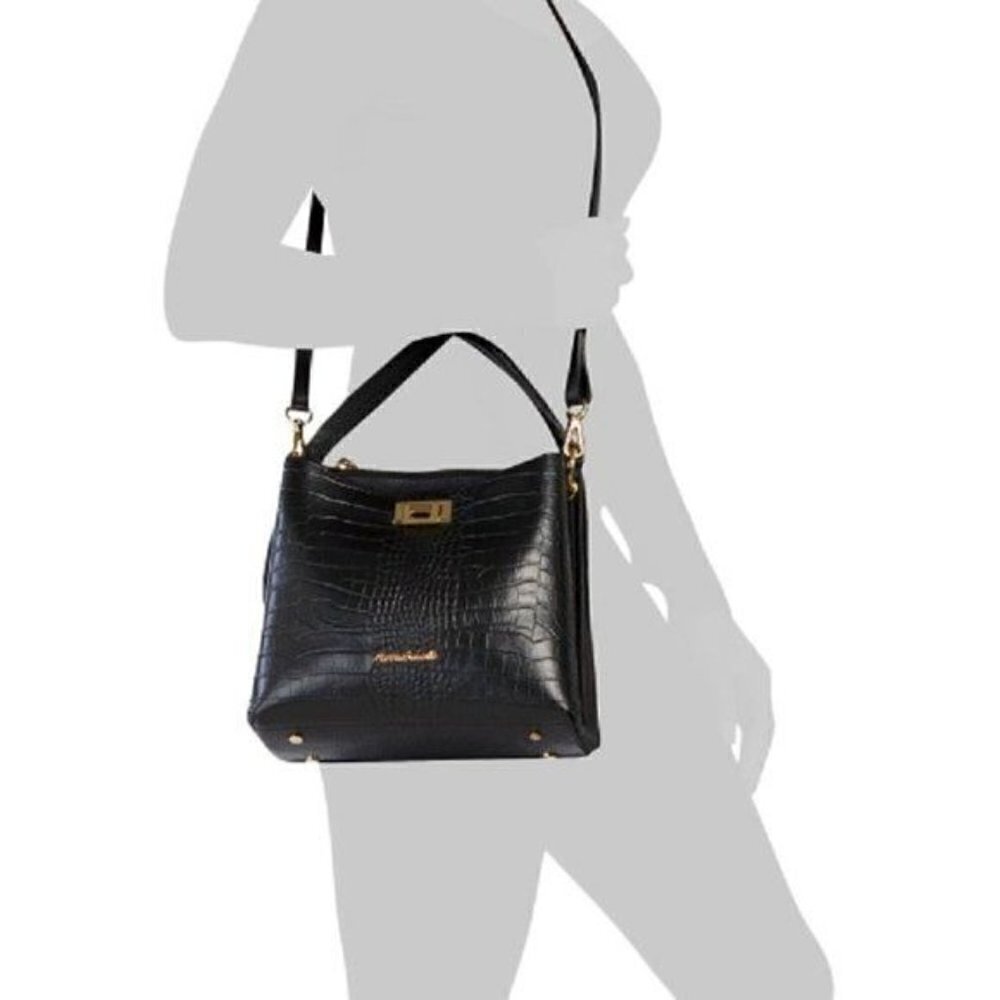 Marina Galanti Croc Bucket Messenger Black Leather Cross Body - Picture 2 of 5